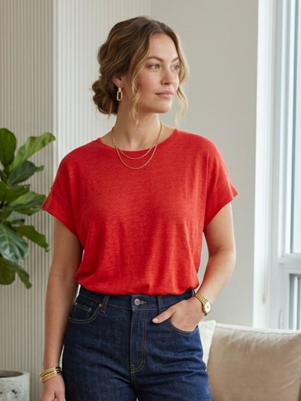 Madewell Orange Red Linen Blend Oversized Crewneck Tee Medium Slouchy Boho - Picture 2 of 5